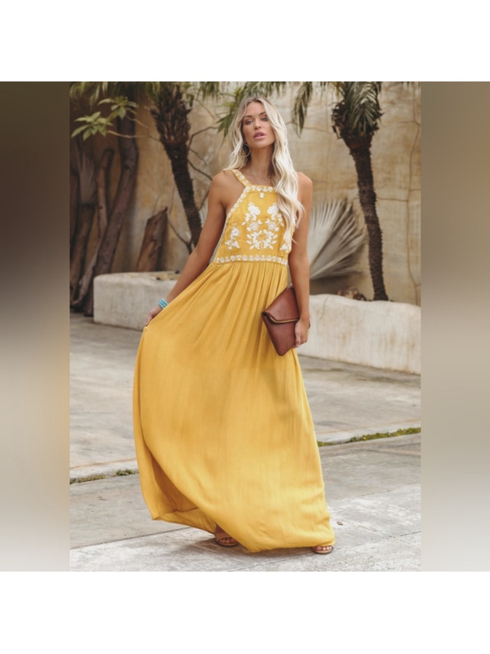 En Creme Embroidered Halter Maxi Dress - Mustard